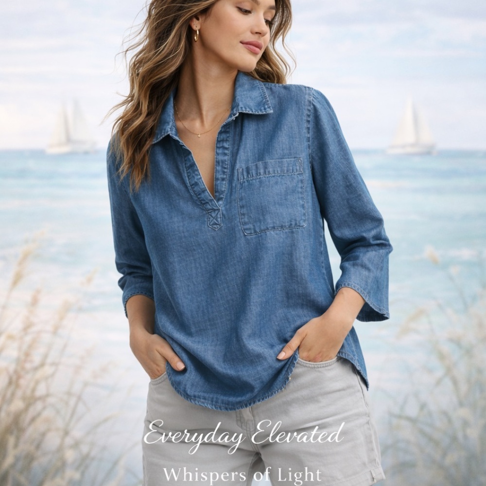 Cloth & Stone Chambray Popover Top | Soft Coastal Denim Essential | Size L